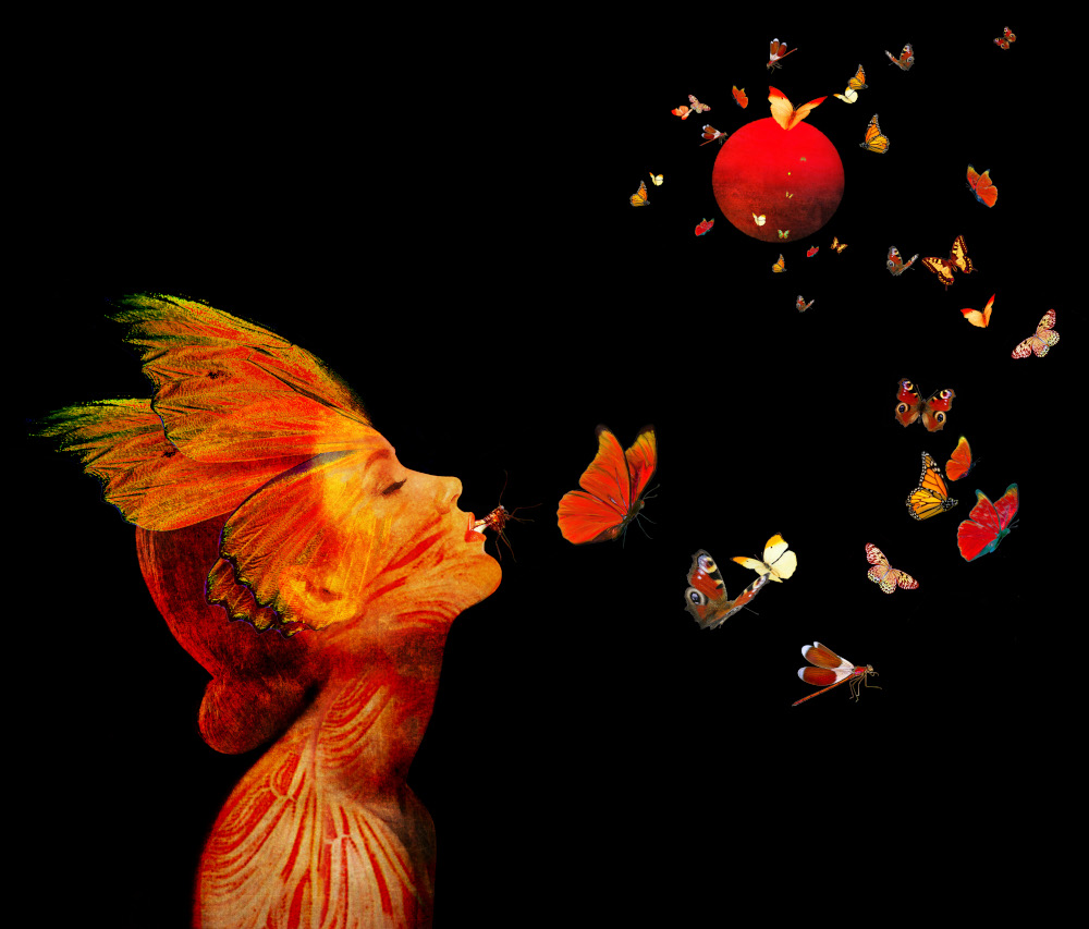 A woman with vibrant red hair surrounded by butterflies, flying towards a blood moon in a colorful, enchanting scene.